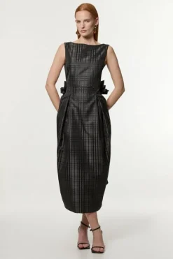 Karen Millen Taffeta Check Bow Detail Tailored Maxi Dress black Clearance