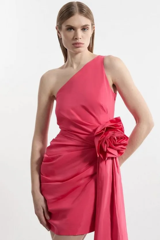 Karen Millen Taffeta One Shoulder Tailored Rosette Drape Mini Dress hotpink Sale