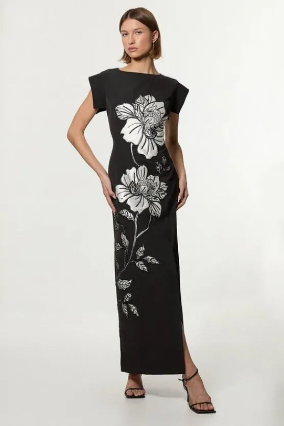 Karen Millen Tailored Applique Satin Beaded Maxi Dress black Clearance