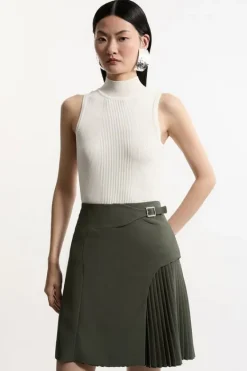 Karen Millen Tailored Buckle Detail Pleated Mini Skirt khaki Clearance