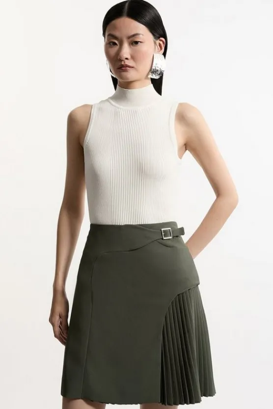 Karen Millen Tailored Buckle Detail Pleated Mini Skirt khaki Clearance