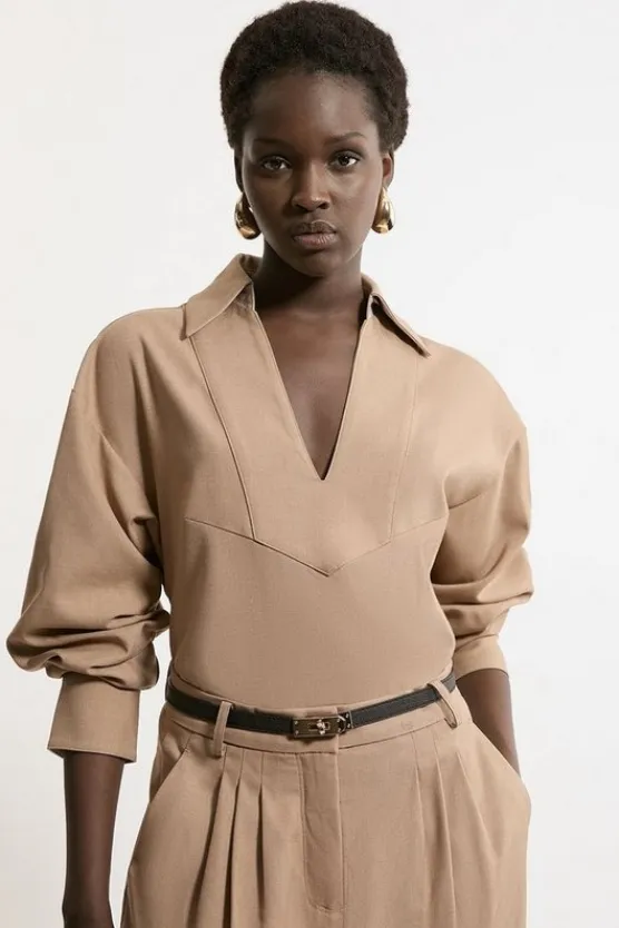 Karen Millen Tailored Collared Long Sleeve Shirt camel Discount