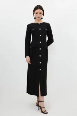 Karen Millen Tailored Compact Stretch Button Through Midi Dress black Hot