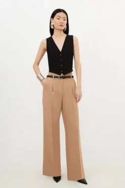 Karen Millen Tailored Compact Stretch Corset Waist Wide Leg Pants camel Discount