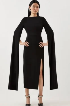 Karen Millen Tailored Compact Stretch Viscose Cape Mesh Panel Midi Dress black Discount