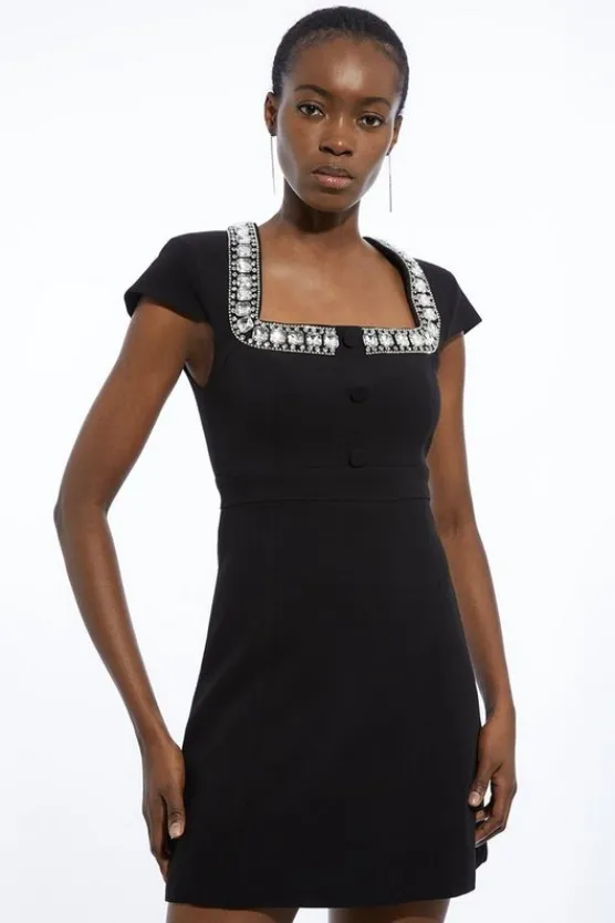 Karen Millen Tailored Compact Viscose Stretch Embellished Cap Sleeve Mini Dress black Discount