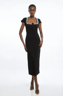 Karen Millen Tailored Compact Viscose Stretch Embellished Cap Sleeve Midi Dress black Clearance