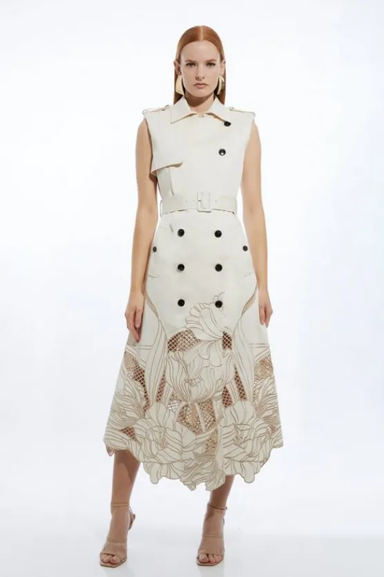 Karen Millen Tailored Cotton Cutwork Embroidered Belted Trench Style Midaxi Dress ivory Outlet