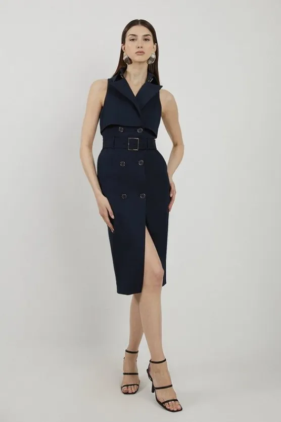 Karen Millen Tailored Cotton Double Breasted Storm Flap Detail Midi Shirt Dress navy Online
