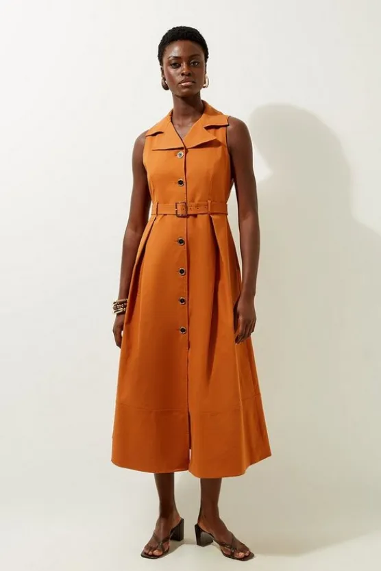 Karen Millen Tailored Cotton Halter Neck Belted Full Skirted Shirt Dress lightstone New