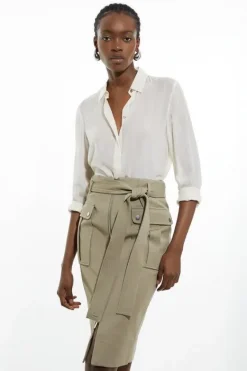 Karen Millen Tailored Cotton Stretch Pocket Belted Midi Tailored Skirt khaki Discount