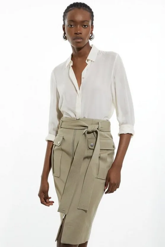 Karen Millen Tailored Cotton Stretch Pocket Belted Midi Tailored Skirt khaki Discount
