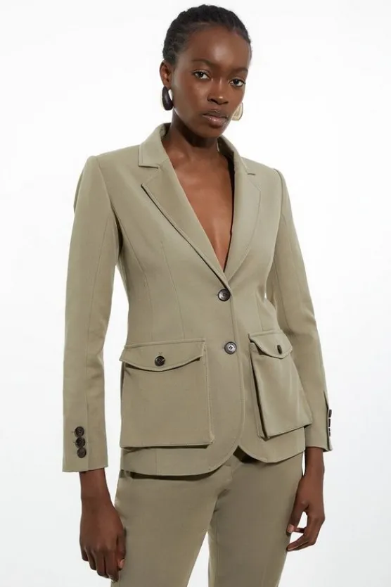Karen Millen Tailored Cotton Stretch Pocket Detail Belted Tailored Blazer khaki Outlet