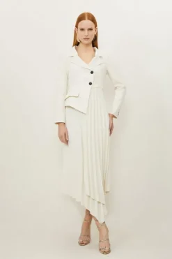 Karen Millen Tailored Crepe Asymmetric Pleated Skirt Blazer Midaxi Dress ivory Fashion