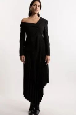 Karen Millen Tailored Crepe Asymmetric Pleated Midi Dress black Discount