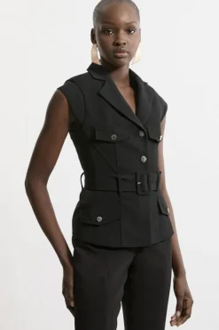 Karen Millen Tailored Crepe Belted Cap Sleeve Collared Co-ord black Clearance