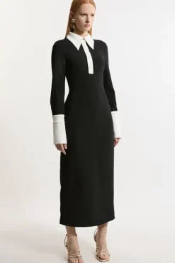 Karen Millen Tailored Crepe Contrast Collar Midaxi Dress black Sale
