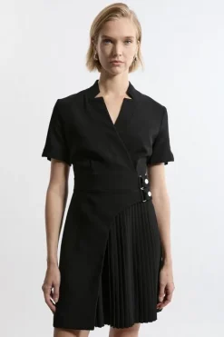 Karen Millen Tailored Crepe Military Pleat Notch Neck Wrap Mini Dress black Fashion