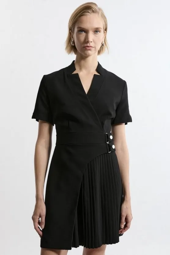 Karen Millen Tailored Crepe Military Pleat Notch Neck Wrap Mini Dress black Fashion