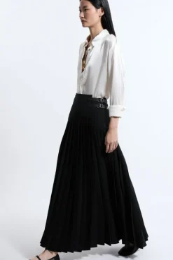 Karen Millen Tailored Crepe Pleated Buckle Detailed Maxi Skirt black Sale