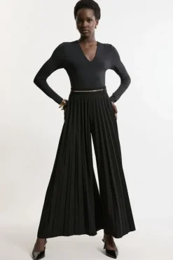 Karen Millen Tailored Crepe Pleated Full Midi Pants black New