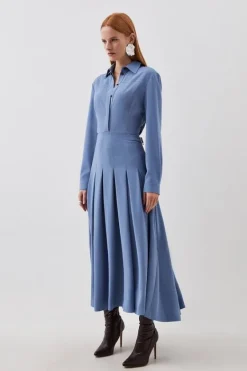 Karen Millen Tailored Crepe Pleated Midi Shirt Dress midblue Discount