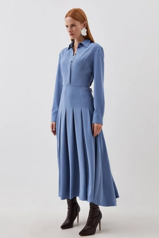 Karen Millen Tailored Crepe Pleated Midi Shirt Dress midblue Discount
