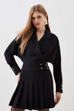 Karen Millen Tailored Crepe Pleated Skirt Wrap Mini Shirt Dress black Hot