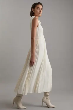 Karen Millen Tailored Crepe Pleated Tab Detail Sleeveless Midaxi Dress ivory Discount