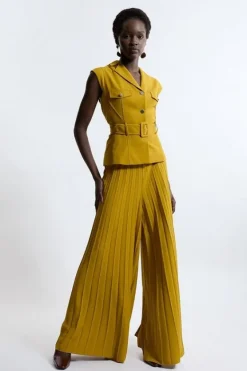 Karen Millen Tailored Crepe Pleated Wide Leg Belted Jumpsuit gold Best