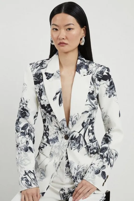 Karen Millen Tailored Crepe Printed Floral Single Breasted Blazer mono Outlet