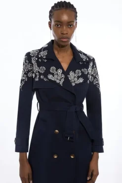 Karen Millen Tailored Crystal Embellished Belted Trench Coat navy Clearance