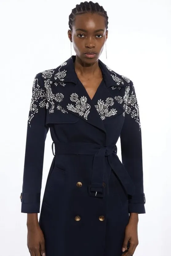Karen Millen Tailored Crystal Embellished Belted Trench Coat navy Clearance