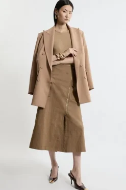 Karen Millen Tailored Denim Asymmetric Wrap Zip Midi Skirt cream Online