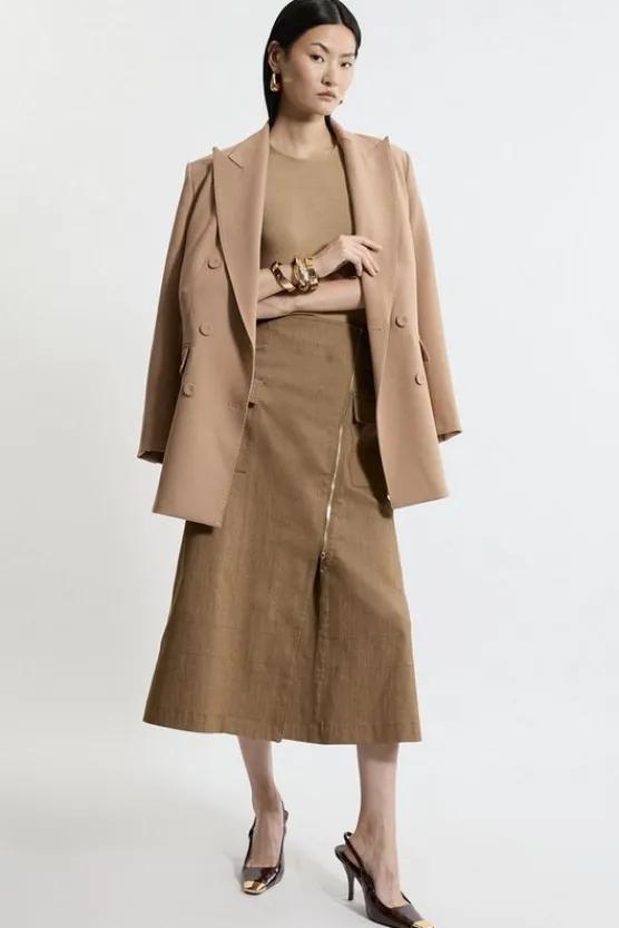 Karen Millen Tailored Denim Asymmetric Wrap Zip Midi Skirt cream Online