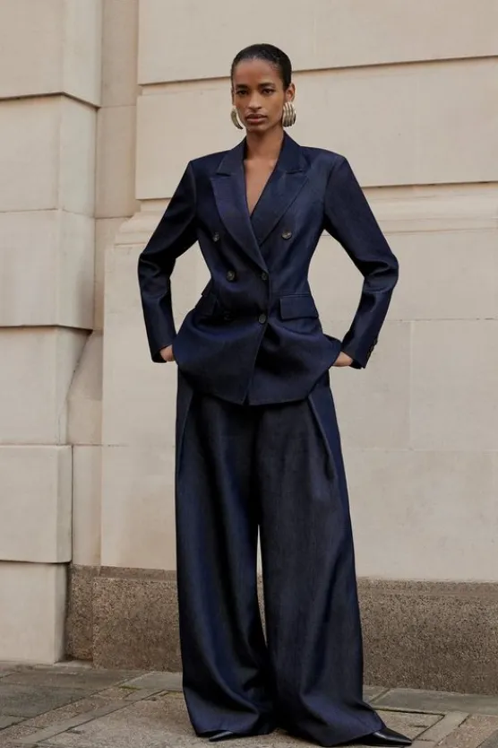 Karen Millen Tailored Denim High Waisted Wide Leg Pants New