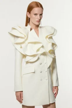 Karen Millen Tailored Drama Ruffled Double Breasted Blazer Dress ivory Discount