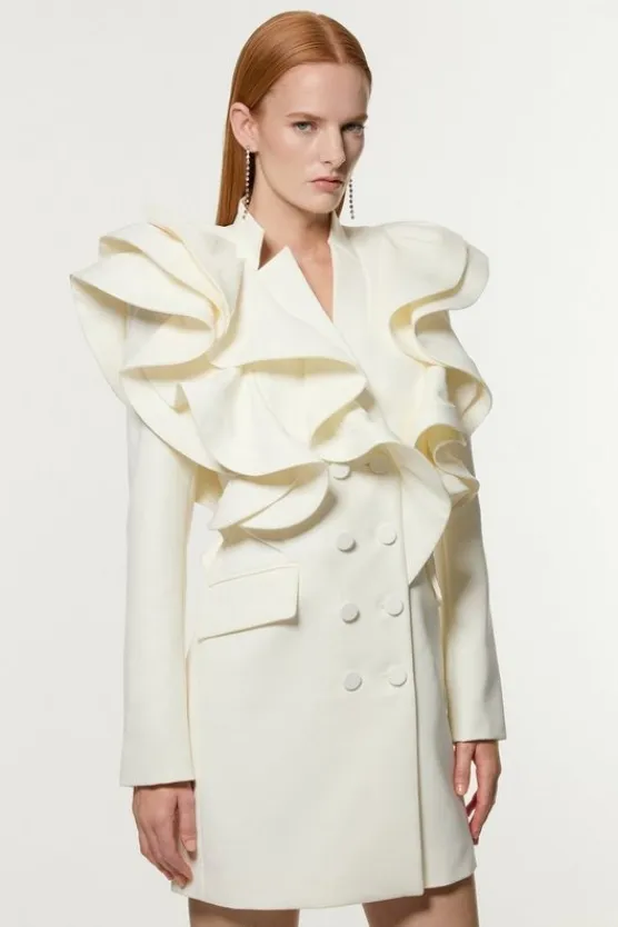 Karen Millen Tailored Drama Ruffled Double Breasted Blazer Dress ivory Discount