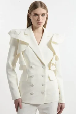 Karen Millen Tailored Drama Ruffle Double Breasted Blazer ivory Hot