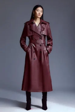 Karen Millen Tailored Faux Leather Belted Trench Coat oxblood Discount