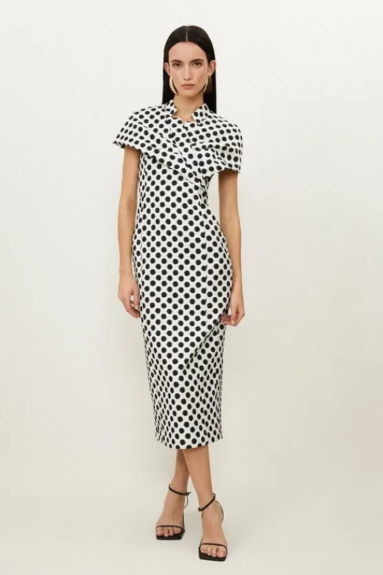 Karen Millen Tailored Jacquard Spot Midi Pencil Dress mono Discount
