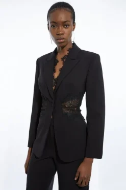 Karen Millen Tailored Lace Detail Single Breasted Blazer black Discount