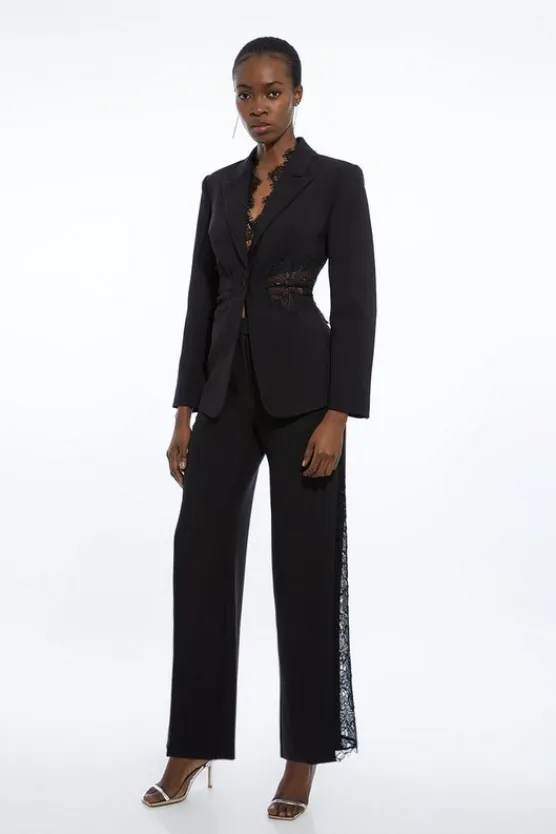 Karen Millen Tailored Lace Detail Straight Leg Pants black Discount