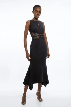 Karen Millen Tailored Lace Waist Detail Midi Dress black New
