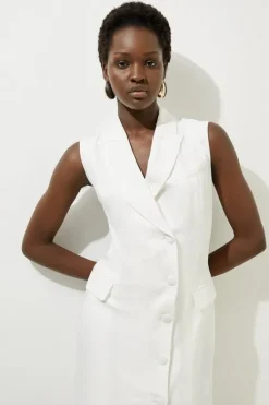 Karen Millen Tailored Linen Wrap Blazer Midi Dress navy Clearance