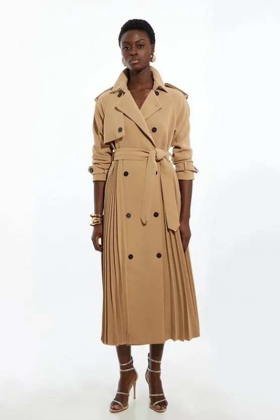 Karen Millen Tailored Pleat Detail Belted Trench Coat camel New