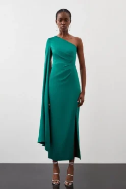 Karen Millen Tailored Satin Back Crepe Drape One Shoulder Maxi Dress emerald Fashion