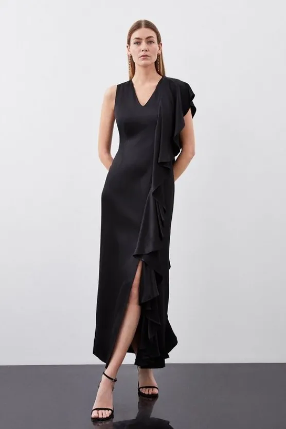 Karen Millen Tailored Satin Back Crepe Ruffle Maxi Dress black Clearance