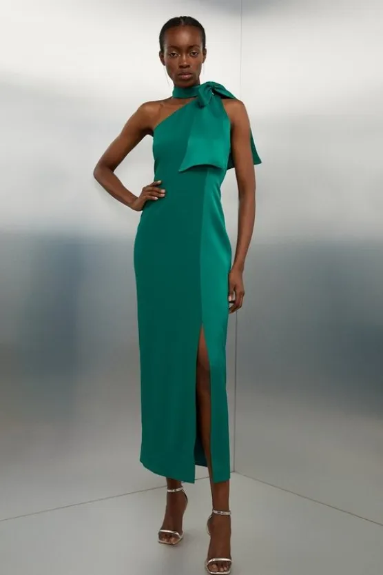 Karen Millen Tailored Satin Back Crepe Tie Neck Contrast Panel Maxi Dress emerald Hot