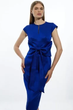 Karen Millen Tailored Satin Bow Detail Cap Sleeve Midi Dress blue Hot